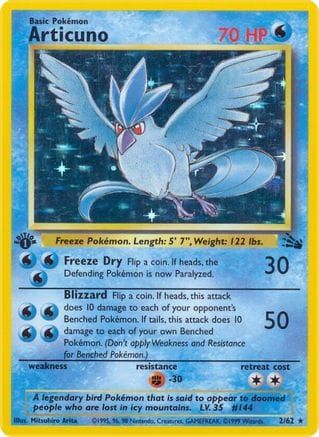'Pokemon - 'Articuno (2) 002/62  - 1st Edition Holofoil Fossil - Holo Rare