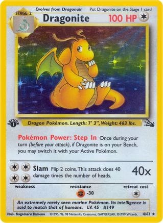 'Pokemon - 'Dragonite (4) 004/62  - Unlimited Holofoil Fossil - Holo Rare