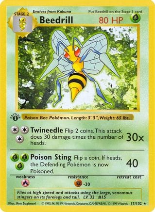 'Pokemon - 'Beedrill 017/102  - 1st Edition Base Set Shadowless - Rare