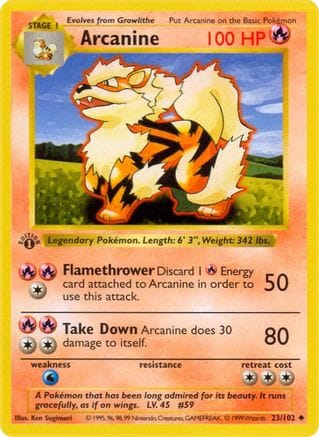 'Pokemon - 'Arcanine 023/102  - Unlimited Base Set Shadowless - Uncommon