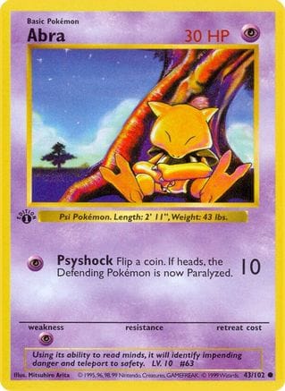 'Pokemon - 'Abra 043/102  - 1st Edition Base Set Shadowless - Common