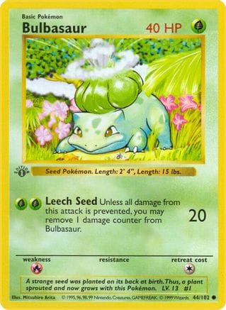'Pokemon - 'Bulbasaur 044/102  - 1st Edition Base Set Shadowless - Common