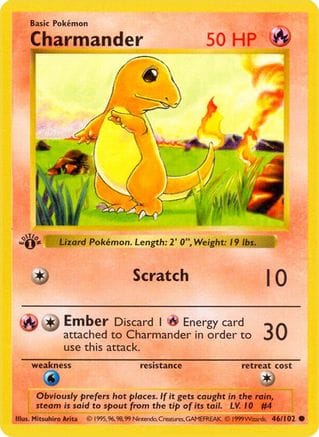 'Pokemon - 'Charmander 046/102  - 1st Edition Base Set Shadowless - Common