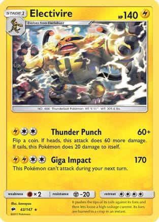 'Pokemon - 'Electivire 043/147  SM  Burning Shadows - Rare
