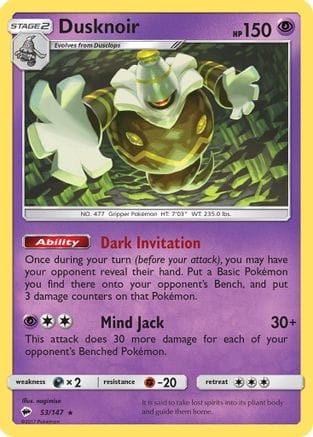 'Pokemon - 'Dusknoir 053/147  - Reverse Holofoil SM  Burning Shadows - Holo Rare