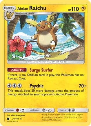 'Pokemon - 'Alolan Raichu 031/111  - Holofoil SM  Crimson Invasion - Holo Rare