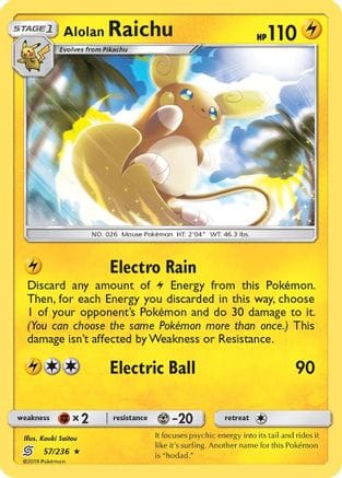 'Pokemon - 'Alolan Raichu 057/236  - Reverse Holofoil SM  Unified Minds - Holo Rare