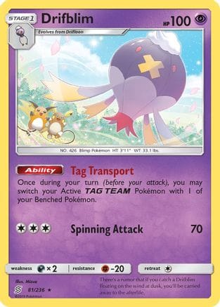 'Pokemon - 'Drifblim 081/236  - Reverse Holofoil SM  Unified Minds - Rare