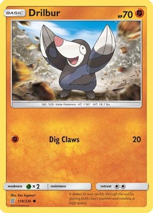 'Pokemon - 'Drilbur 118  - Reverse Holofoil SM  Unified Minds - Common