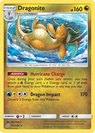 'Pokemon - 'Dragonite 151/236  - Reverse Holofoil SM  Unified Minds - Rare