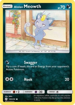 'Pokemon - 'Alolan Meowth 128/236  - Reverse Holofoil SM  Cosmic Eclipse - Common