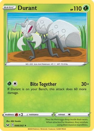'Pokemon - 'Durant 008/202  - Reverse Holofoil SWSH01 Sword & Shield Base Set - Rare