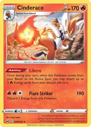 'Pokemon - 'Cinderace (034) 034/202  - Reverse Holofoil SWSH01 Sword & Shield Base Set - Holo Rare