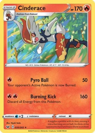 'Pokemon - 'Cinderace (035) 035/202  - Reverse Holofoil SWSH01 Sword & Shield Base Set - Holo Rare