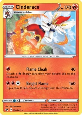 'Pokemon - 'Cinderace (036) 036/202  - Reverse Holofoil SWSH01 Sword & Shield Base Set - Rare