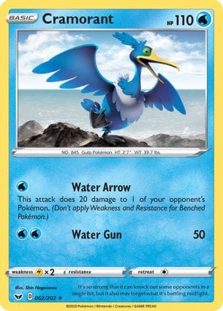 'Pokemon - 'Cramorant 062/202  - Reverse Holofoil SWSH01 Sword & Shield Base Set - Rare