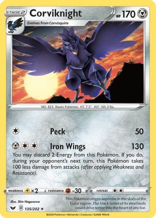 'Pokemon - 'Corviknight 135/202  - Reverse Holofoil SWSH01 Sword & Shield Base Set - Rare