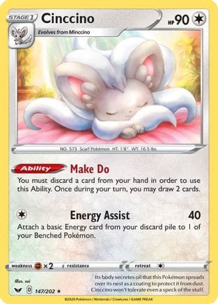 'Pokemon - 'Cinccino 147/202  SWSH01 Sword & Shield Base Set - Rare
