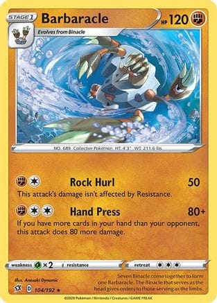 'Pokemon - 'Barbaracle 104/192  - Reverse Holofoil SWSH02 Rebel Clash - Rare
