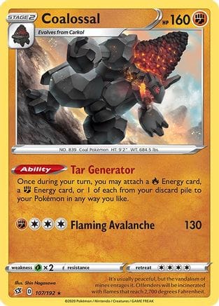 'Pokemon - 'Coalossal 107/192  - Reverse Holofoil SWSH02 Rebel Clash - Holo Rare