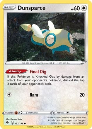 'Pokemon - 'Dunsparce 137/189  - Reverse Holofoil SWSH03 Darkness Ablaze - Common