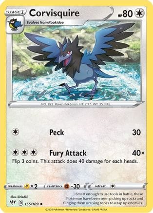 'Pokemon - 'Corvisquire 155/189  - Reverse Holofoil SWSH03 Darkness Ablaze - Uncommon