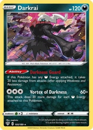 'Pokemon - 'Darkrai 105/189  - Reverse Holofoil SWSH03 Darkness Ablaze - Holo Rare