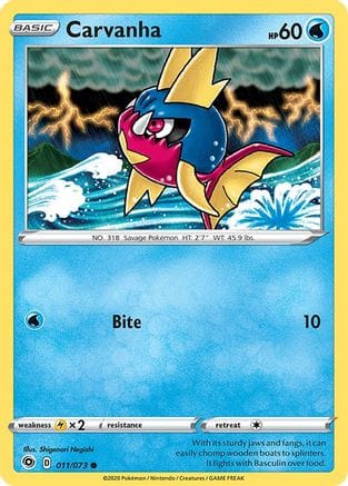 'Pokemon - 'Carvanha 011/73  - Reverse Holofoil Champions Path - Common