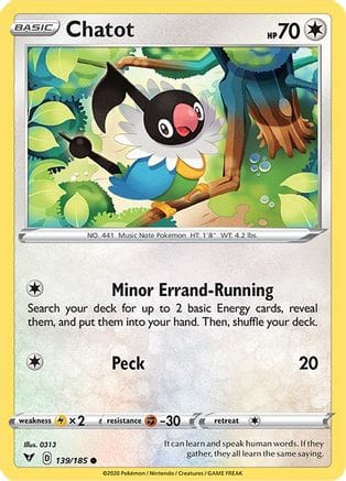 'Pokemon - 'Chatot 139/185  - Reverse Holofoil SWSH04 Vivid Voltage - Common