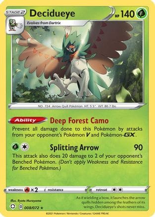 'Pokemon - 'Decidueye 008/072  - Reverse Holofoil Shining Fates - Holo Rare
