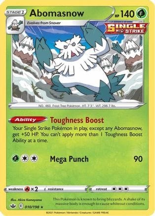 'Pokemon - 'Abomasnow 010/198  - Reverse Holofoil SWSH06 Chilling Reign - Rare