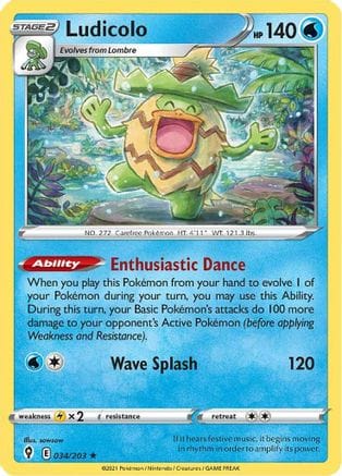 'Pokemon - 'Ludicolo 034/203  - Reverse Holofoil SWSH07 Evolving Skies - Holo Rare