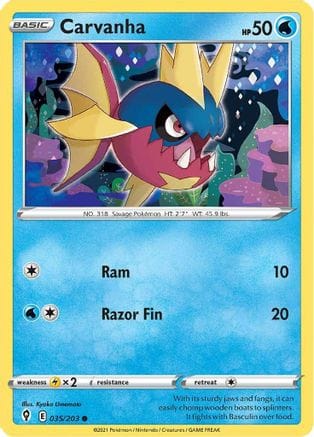 'Pokemon - 'Carvanha 035/203  - Reverse Holofoil SWSH07 Evolving Skies - Common