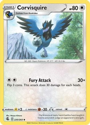 'Pokemon - 'Corvisquire 220/264  - Reverse Holofoil SWSH08 Fusion Strike - Uncommon