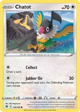 'Pokemon - 'Chatot 129/189  - Reverse Holofoil SWSH10 Astral Radiance - Common