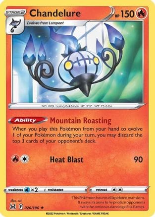 'Pokemon - 'Chandelure 026/196  - Reverse Holofoil SWSH11 Lost Origin - Holo Rare
