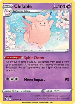 'Pokemon - 'Clefable 063/196  - Reverse Holofoil SWSH11 Lost Origin - Rare