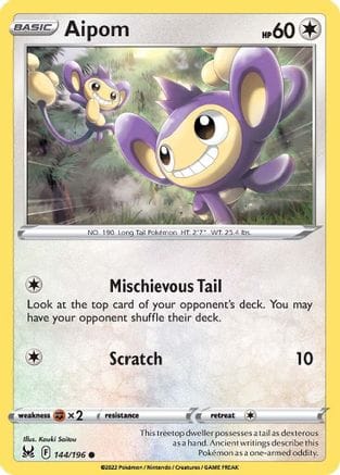 'Pokemon - 'Aipom 144/196  - Reverse Holofoil SWSH11 Lost Origin - Common