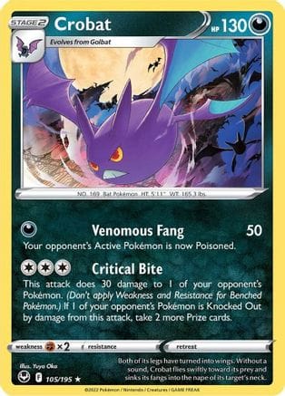 'Pokemon - 'Crobat 105/195  - Holofoil SWSH12 Silver Tempest - Holo Rare