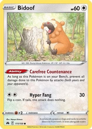 'Pokemon - 'Bidoof 111/159  - Reverse Holofoil Crown Zenith - Common