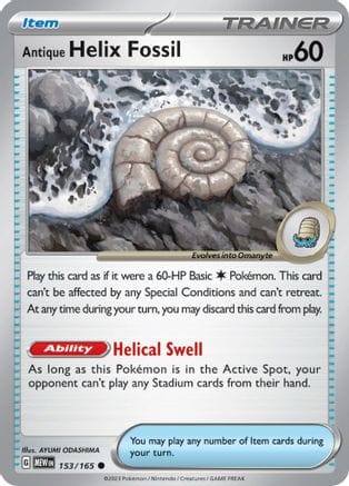 'Pokemon - 'Antique Helix Fossil 153/165  - Reverse Holofoil SV Scarlet & Violet 151 - Common