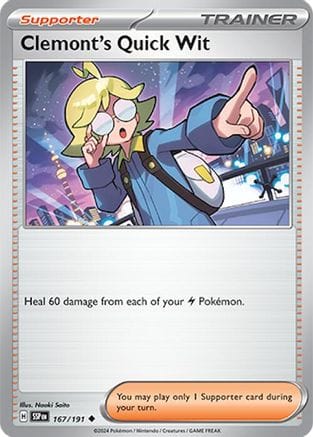 'Pokemon - 'Clemont's Quick Wit 167/191  - Reverse Holofoil SV08 Surging Sparks - Uncommon