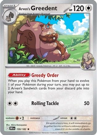 'Pokemon - 'Arven's Greedent 159/182  - Reverse Holofoil SV10 Destined Rivals - Rare