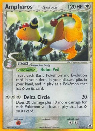 'Pokemon - 'Ampharos (Delta Species) 001/101  - Holofoil Dragon Frontiers - Holo Rare