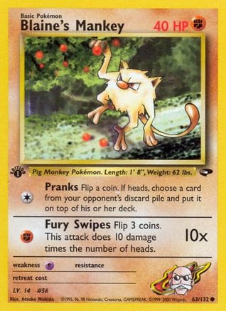 'Pokemon - 'Blaine's Mankey 063/132  - Unlimited Gym Challenge - Common