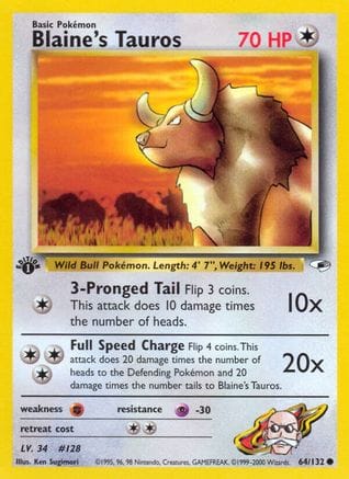 'Pokemon - 'Blaine's Tauros 064/132  - 1st Edition Gym Heroes - Common
