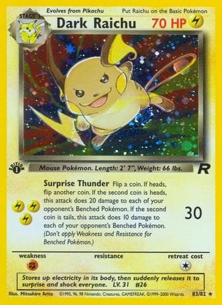 'Pokemon - 'Dark Raichu 083/82  - 1st Edition Holofoil Team Rocket - Secret Rare
