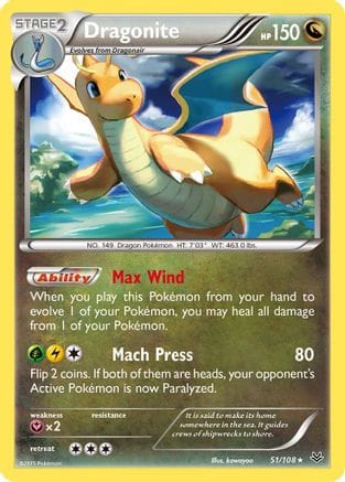 'Pokemon - 'Dragonite (51) 051/108  - Reverse Holofoil XY  Roaring Skies - Rare